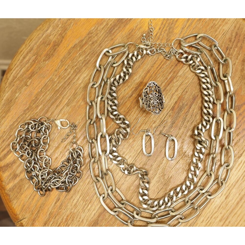 Chunky Silver Tone Jewelry Lot 5 Pc Layered Chain Necklace Bracelet Earrings